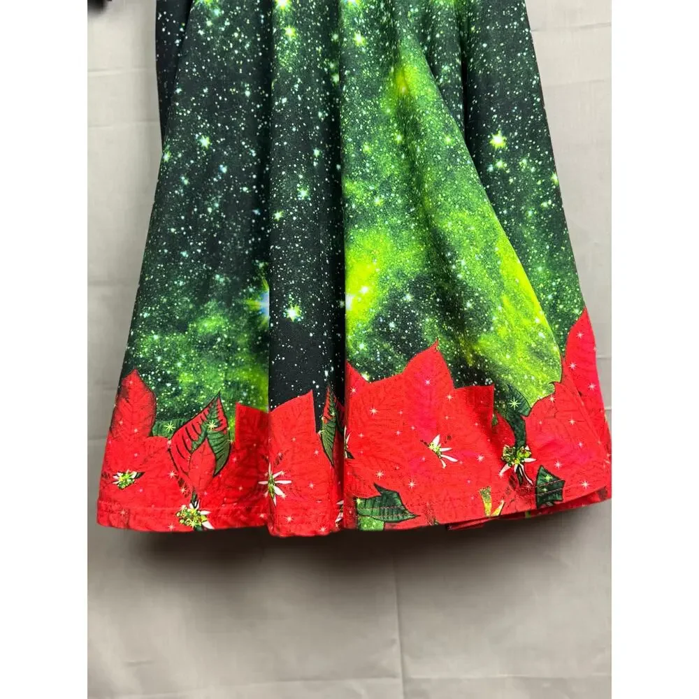Girls Holiday Christmas Dress – Galaxy Star Print with Poinsettias, Size S